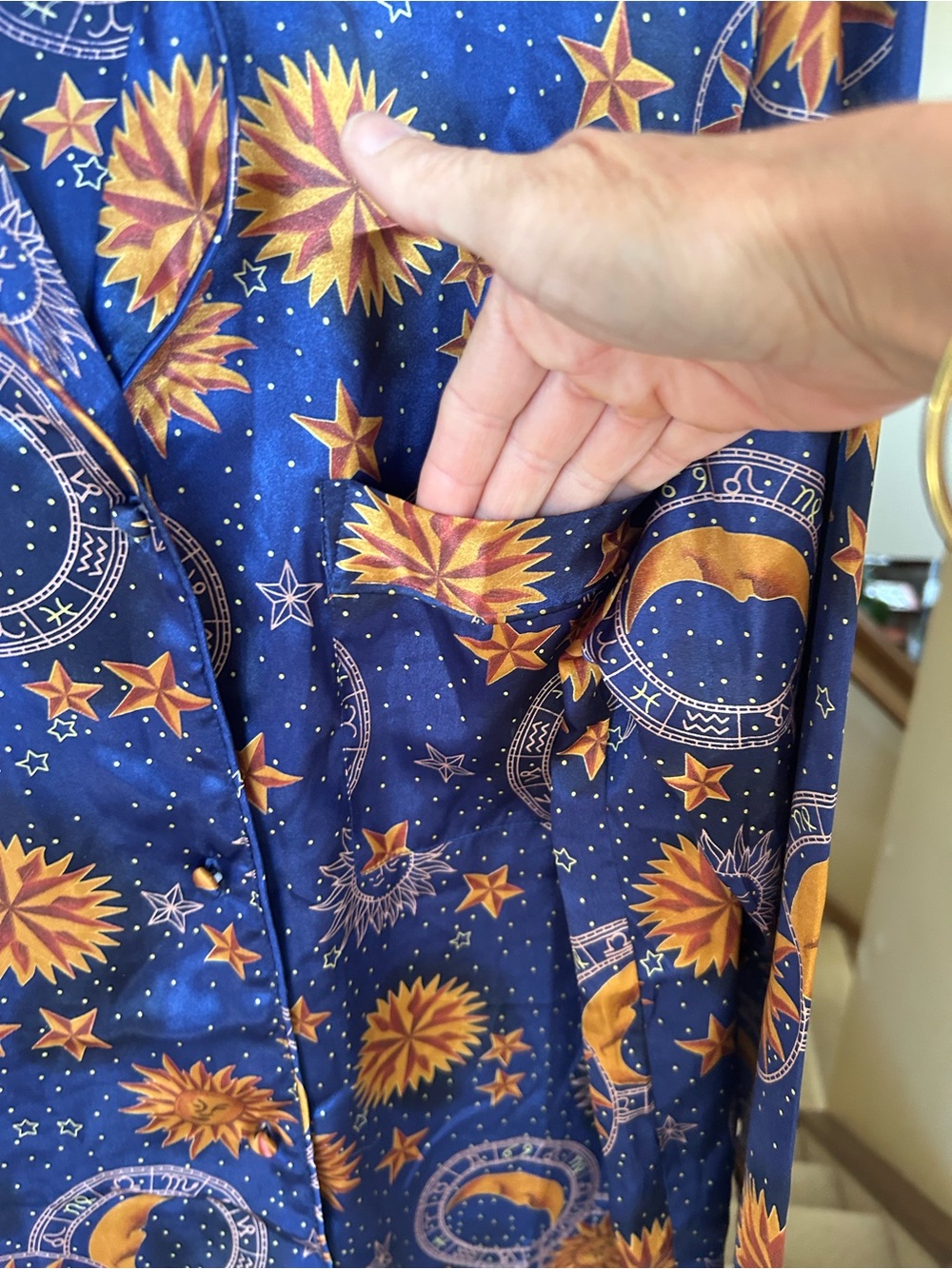 Vintage Celestial Satin Button-Up Night Gown/Shirt -Gold Sun & Moon Print - Picture 7 of 8